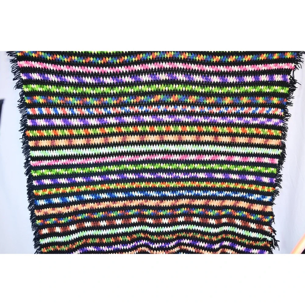 Vintage Handmade Crochet Afghan Blanket Multi Color Rainbow Stripe Fringe 55x57